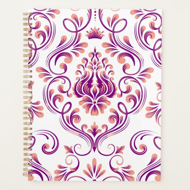 Agenda Patrón floral Peach y Purple Damask Elegante (Anverso)