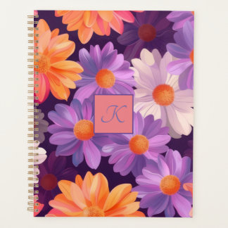 Agenda Patrón floral púrpura y naranja con monograma