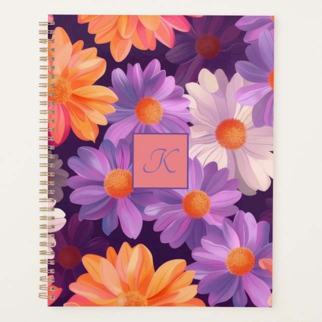 Agenda Patrón floral púrpura y naranja con monograma (Anverso)