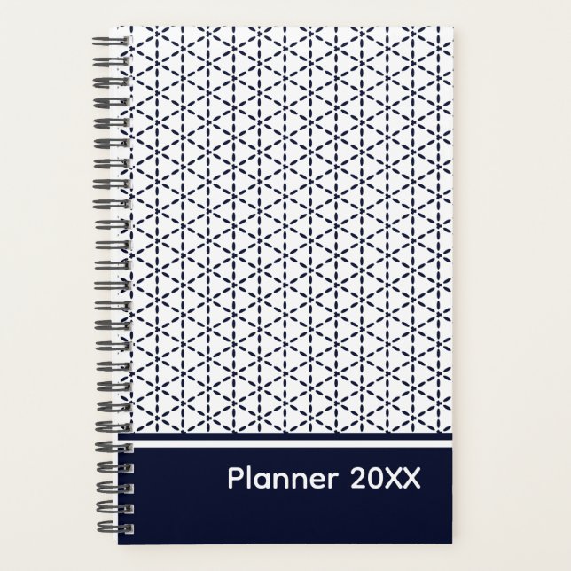 Agenda Patrón geométrico azul marino sobre blanco (Anverso)