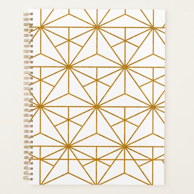 Agenda Patrón geométrico de arte deco blanco y dorado (Anverso)