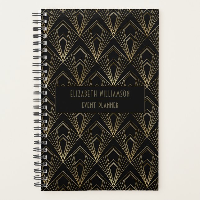 Agenda Patrón geométrico elegante Art Deco| Negro y oro (Anverso)