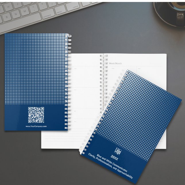 Agenda Patrón medio tónico Azul Blanco Pequeña empresa (Half Tone Pattern Blue White Small Business Planner, Logo, Tagline, QR-code)