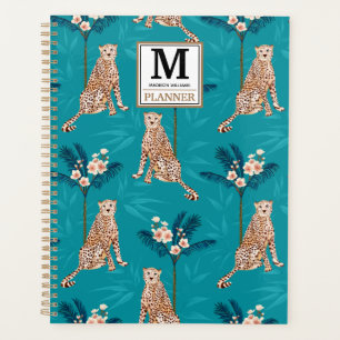 Agenda Patrón Monogramado Personalizado de Leopardo Azul