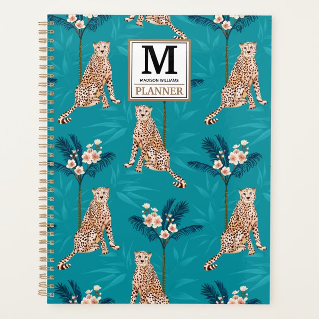 Agenda Patrón Monogramado Personalizado de Leopardo Azul  (Anverso)