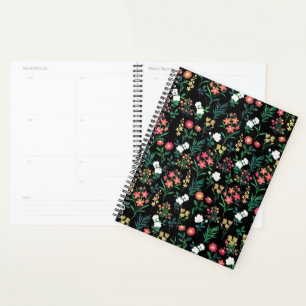 Agenda Patrón negro botánico floral de acuarela de bonito