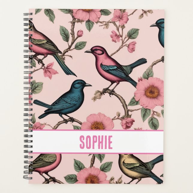 Agenda patrón personalizado aves florales botánicas (Anverso)