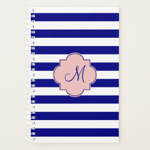 Agenda Patrón rayado azul y rosa de la marina monograma