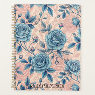 Agenda Patrón Rosa azul retro sobre fondo rosa suave