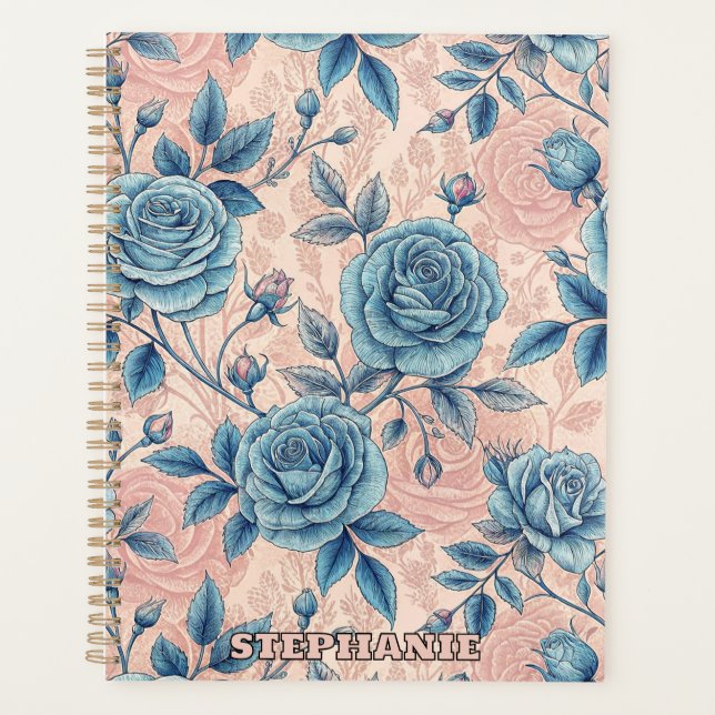 Agenda Patrón Rosa azul retro sobre fondo rosa suave (Anverso)