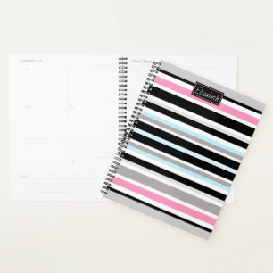 Agenda Patrón único de rayas negras rosadas personaliza