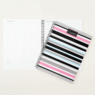 Agenda Patrón único de rayas negras rosadas personalizada