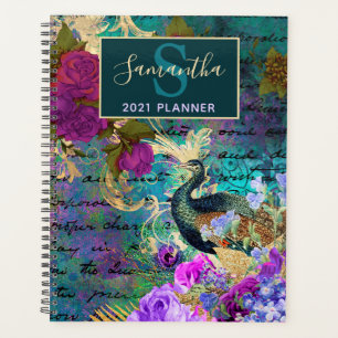 Agenda Pavo real floral teñido de azul verdoso, rosa y do