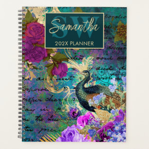 Agenda Pavo real floral vintage en azul turquesa, rosa y