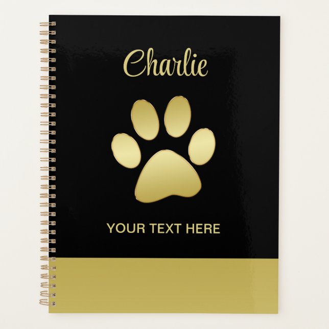 Agenda Paw dorada de perro brillante sobre fondo negro (Anverso)
