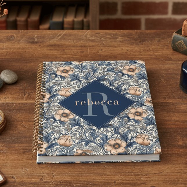 Agenda Peach Blue Floral William Morris Elegant Monogram (Subido por el creador)