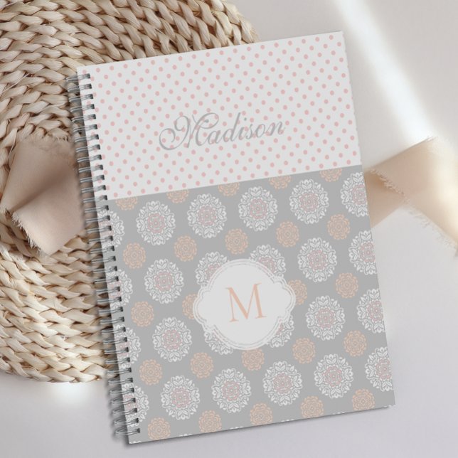 Agenda Peach Gray Dots Trendy Monograma (Subido por el creador)