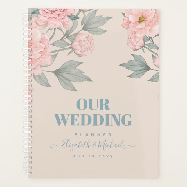 Agenda Peach Peonies Sage Floral Budget Boda (Anverso)
