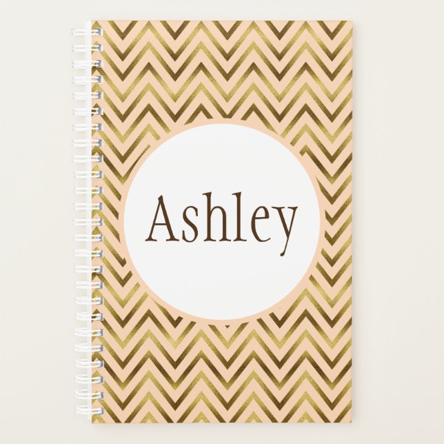 Agenda Peach personalizada y raya de chevron de oro (Anverso)