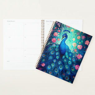 Agenda Peacock - Flores de Aqua Verde Azul y Flores Rosa