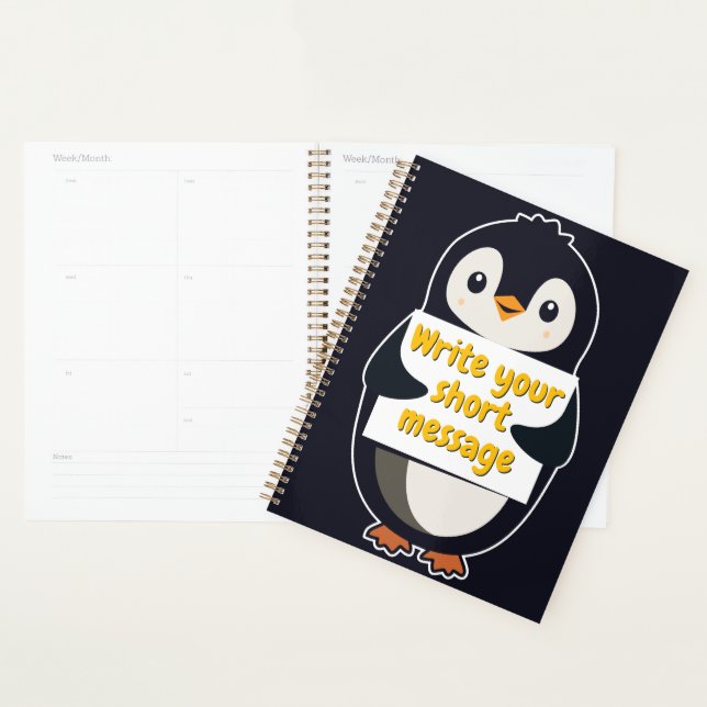 Agenda Penguin illustration holding customizable sign (Demostración)