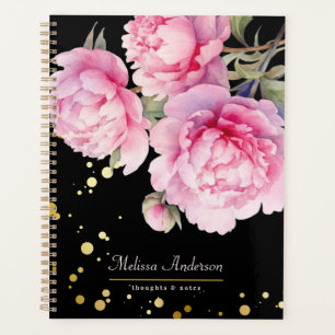 Agenda Peonías acuarela floral Elegante Negro Dorado