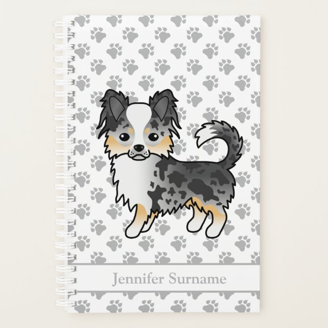 Agenda Perro Chihuahua de Pelaje Largo Blue Merle y Texto (Anverso)