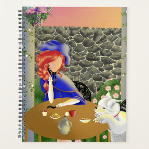 Agenda Perro lindo y dama en café al atardecer