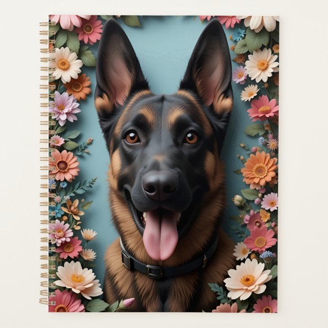 Agenda Perro pastor alemán rodeado de flores vibrantes (Anverso)