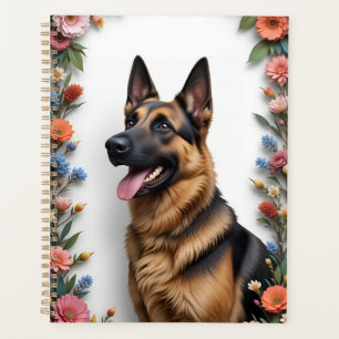 Agenda Perro pastor alemán rodeado de flores vibrantes