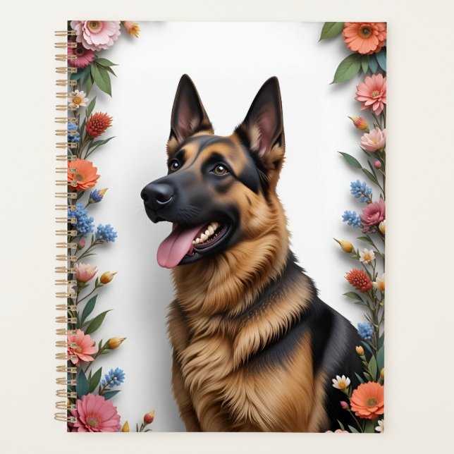 Agenda Perro pastor alemán rodeado de flores vibrantes (Anverso)