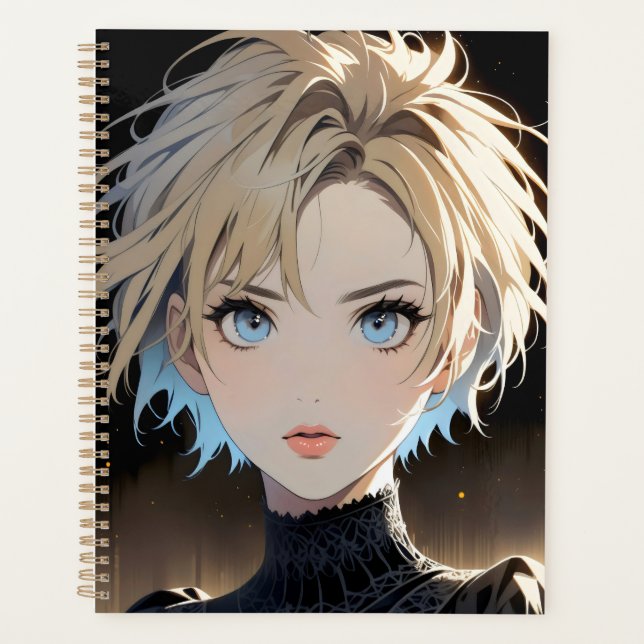Agenda personaje de anime con ojos azules y camisa negra (Anverso)