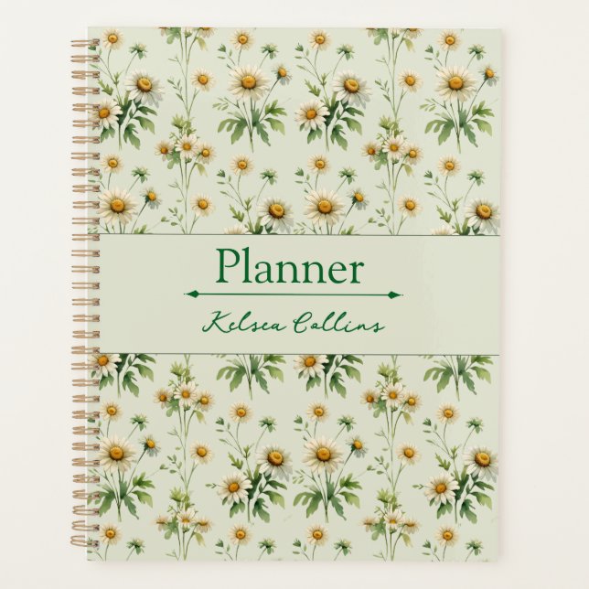 Agenda Personalised Vintage Daisy Sage Green Planner (Anverso)