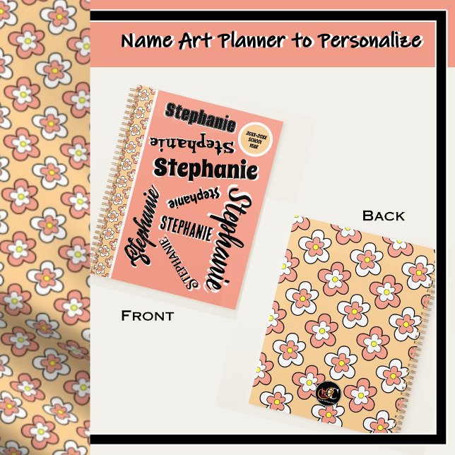 Agenda Personalizable floral rosa y rosa (Peach, pink and white floral name art personalized planners.)