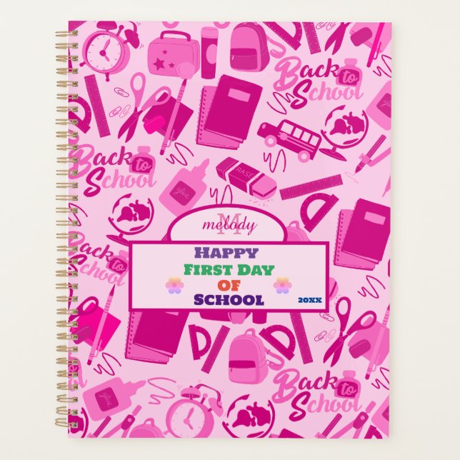 Agenda personalizable rosado de vuelta al patrón escolar (Anverso)