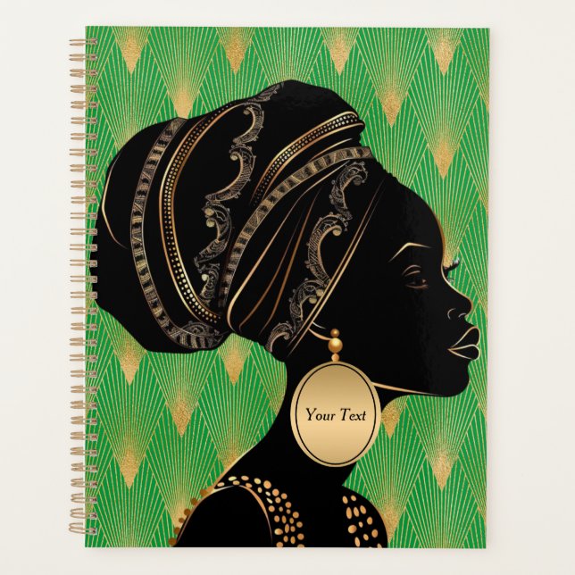 Agenda Personalizada mujer afroamericana verde oro negro (Anverso)