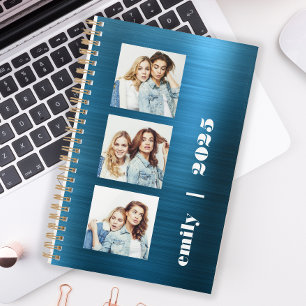 Agenda Personalizado 3-Fotos Azul Turquesa Metal Pulido 2