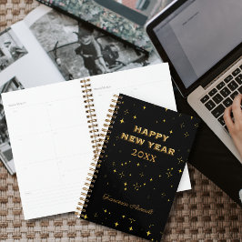 Agenda Personalizado Black & Gold Stars Feliz Año Nuevo