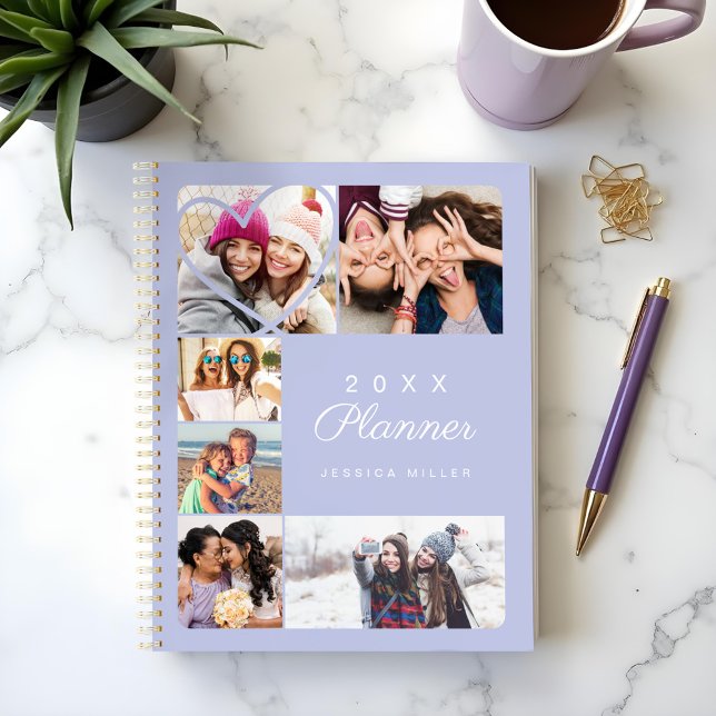 Agenda Personalizado Corazón Múltiple Collage de fotos Pú (Custom Heart Multiple Photo Collage Minimal Purple Planner)