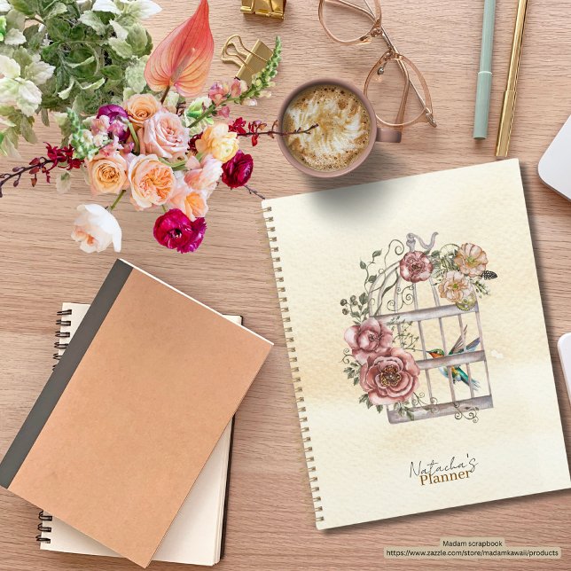 Agenda Personalizado Cute kraft fondo de papel Romántico  (Modern watercolor planner with floral and birds)