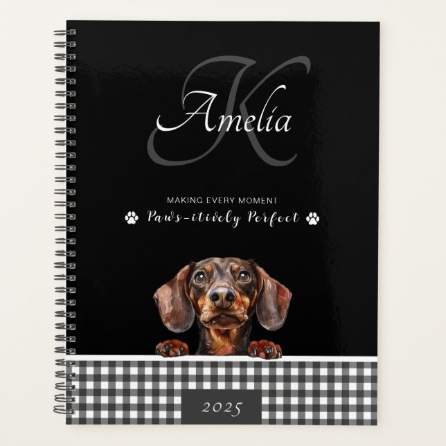 Agenda Personalizado Dachshund Black White Plaid (Anverso)