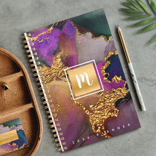 Agenda Personalizado de acuarela azul púrpura de monogram
