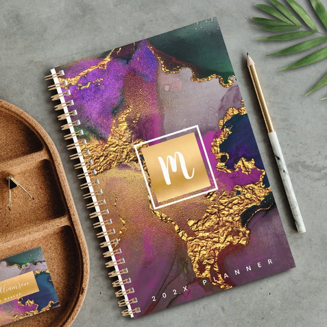 Agenda Personalizado de acuarela azul púrpura de monogram (Subido por el creador)