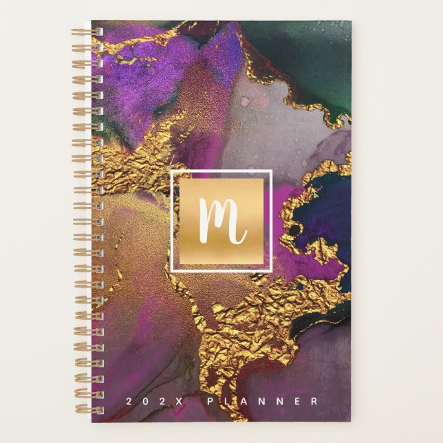 Agenda Personalizado de acuarela azul púrpura de monogram (Anverso)