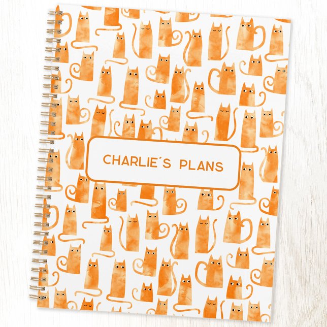 Agenda Personalizado de gato naranja (Fun orange ginger cat watercolor pattern personalized custom text planner)