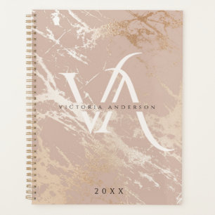 Agenda Personalizado de monograma blanco de mármol rosa 