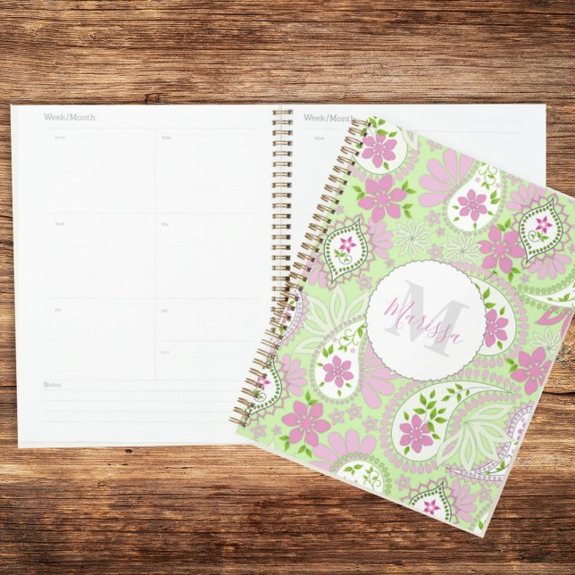 Agenda Personalizado de Paisley Monogramado Rosa y Verde (Subido por el creador)