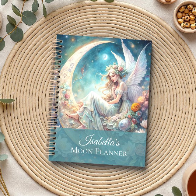 Agenda Personalizado Encantado Moon Fairy Planner (Custom Enchanted Moon Fairy Planner on a neutral boho table with herbs and a cup of tea.)