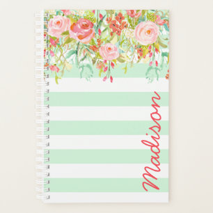 Agenda Personalizado Floral de Raya de Acuarela Verde Men