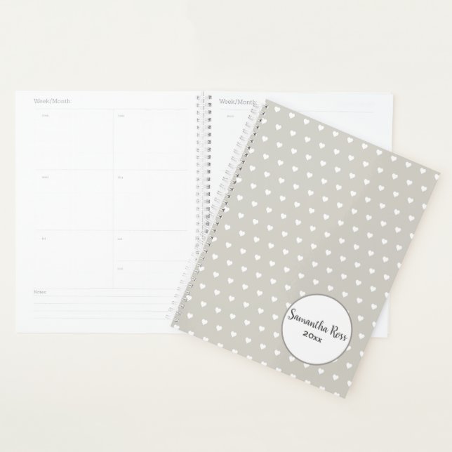 Agenda Personalizado gris con patrón de corazón blanco (Demostración)